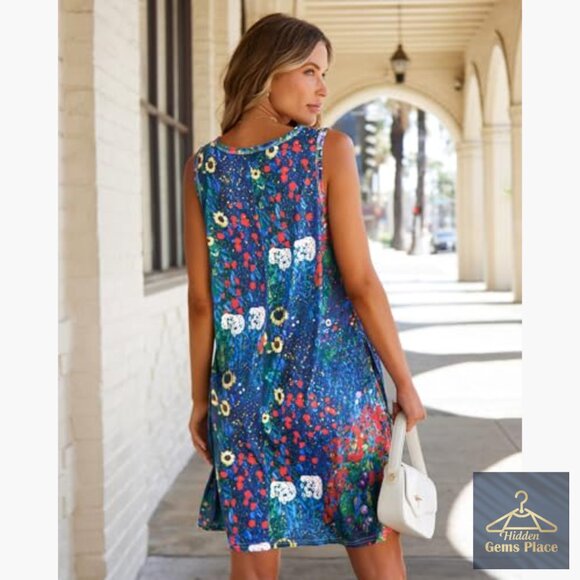 Floral Print Sleeveless Sundress with Pockets Loose Fit Summer Casual - Picture 6 of 7